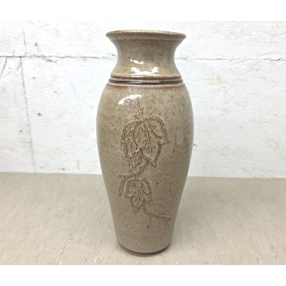 Vintage Richard Dick Lien Studio Pottery Stoneware Vase Leaf Relief Signed 11.5"